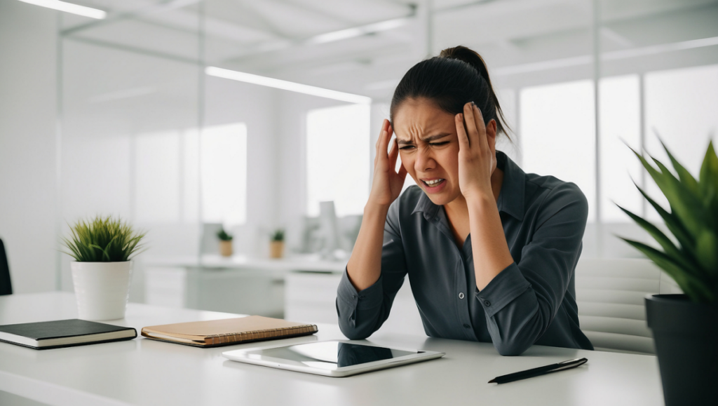 ai generated, woman, tired, business, office, stress, headache, depression, unhappy
