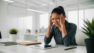 ai generated, woman, tired, business, office, stress, headache, depression, unhappy