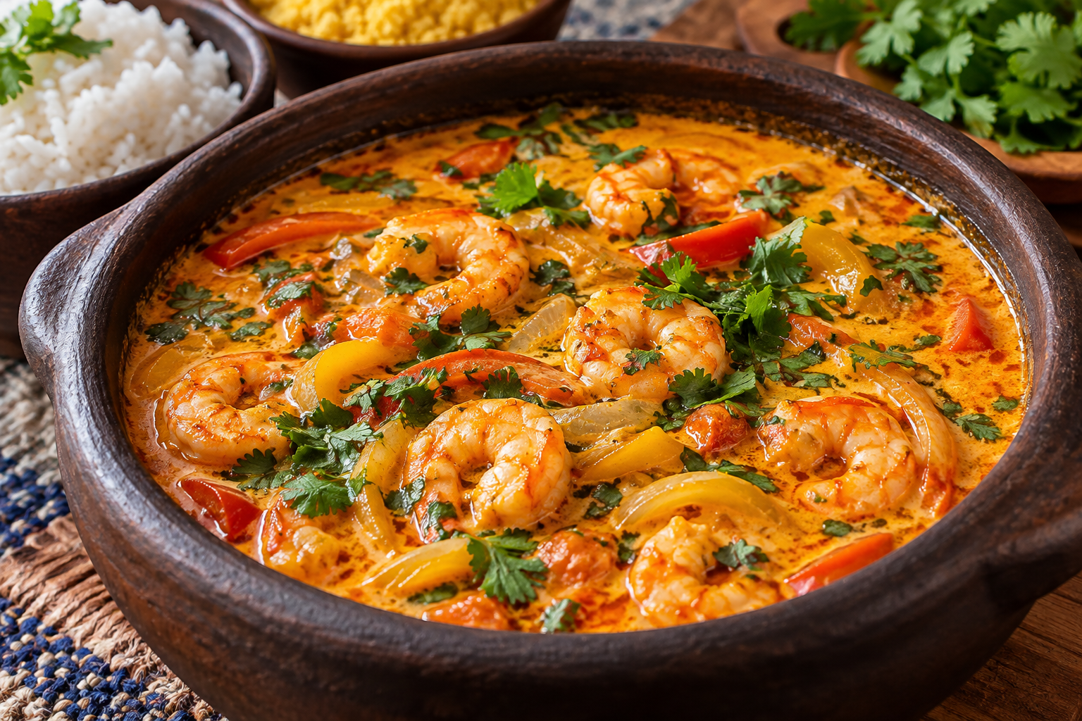 Moqueca de camarão com caldo de coco, pimentões e coentro em panela de barro
